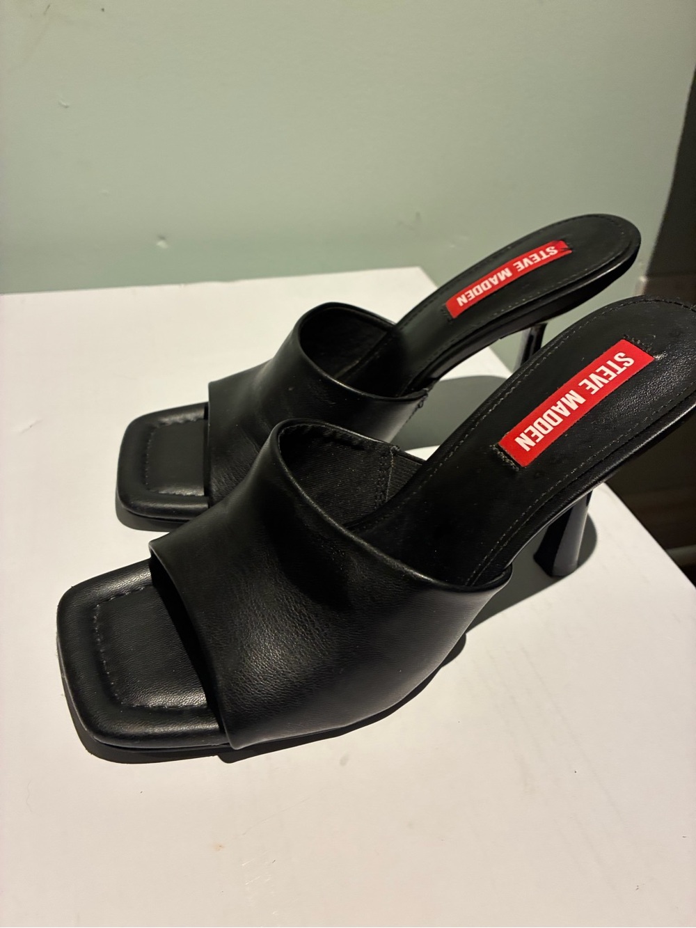Steve Madden Black Leather Square-Toe Mule Heels - Picture 7 of 8